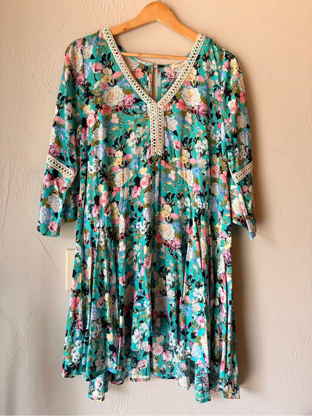 Umgee Teal Floral Dress Pink Blue White Lace Cottagecore Romantic Spring Size M